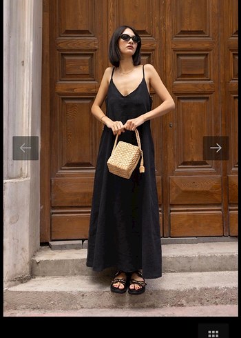 Siyah Askılı Salaş Keten Uzun Elbise - Görsel 2