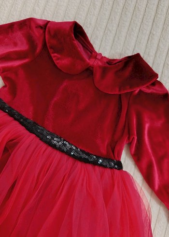 Kız Çocuk Kırmızı Fırfırlı Uzun Kollu Elbise - Görsel 3