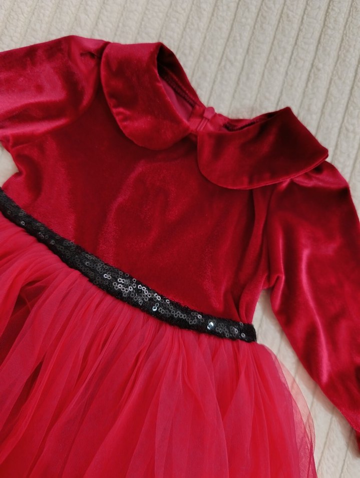 Kız Çocuk Kırmızı Fırfırlı Uzun Kollu Elbise - Görsel 3