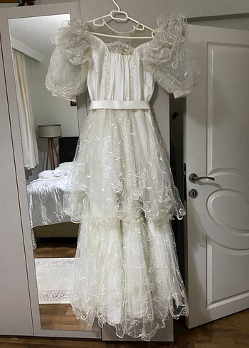 34 Beden Vintage Beyaz Uzun Mini Gelinlik