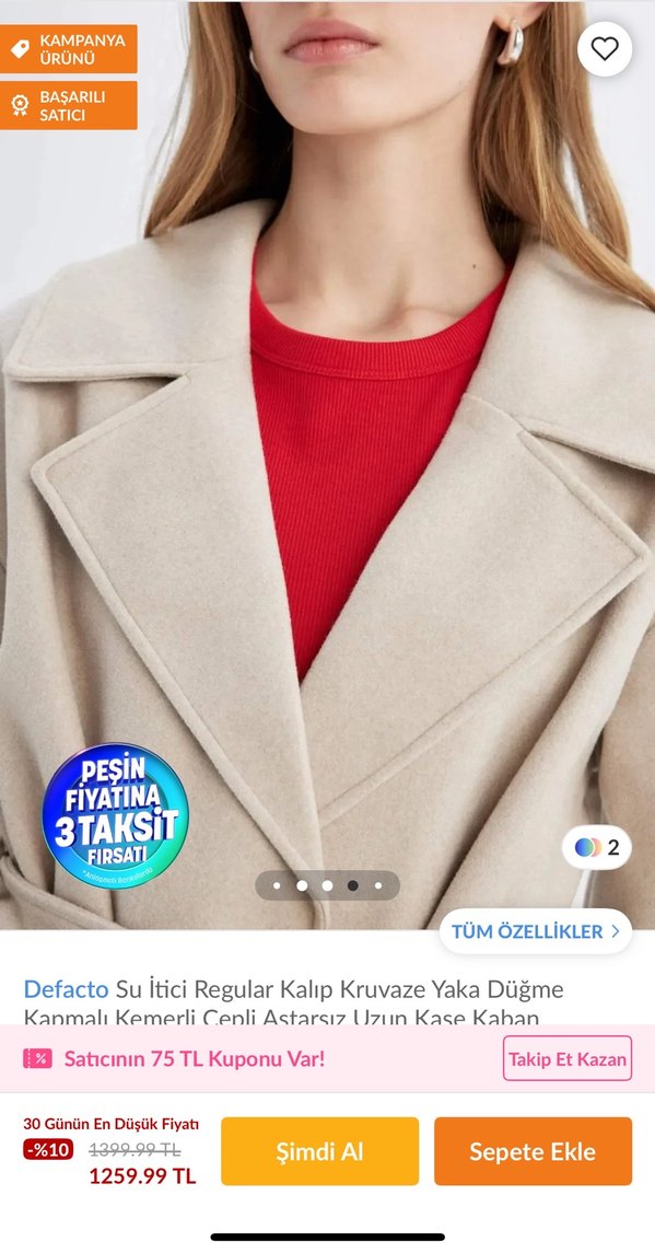 Defacto Su İtici Kruvaze Yaka Kemerli Kaban - Görsel 3