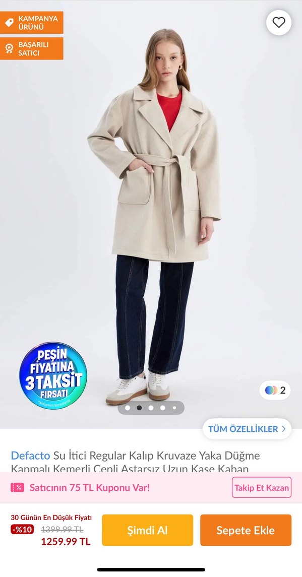 Defacto Su İtici Kruvaze Yaka Kemerli Kaban - Görsel 2