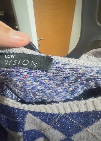 Gri Mavi Baklava Desenli Triko Kadın Kazak - Görsel 2