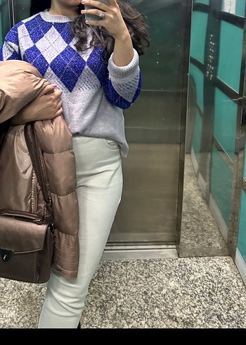 Gri Mavi Baklava Desenli Triko Kadın Kazak - Görsel 7