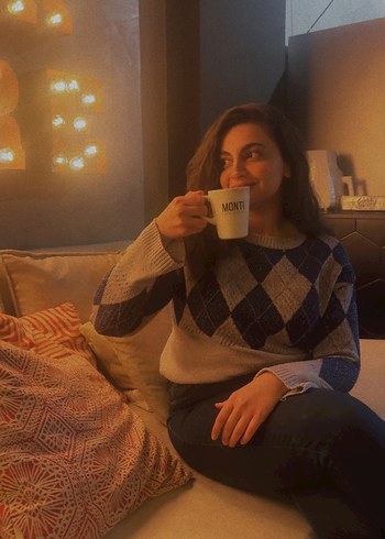 Gri Mavi Baklava Desenli Triko Kadın Kazak - Görsel 3