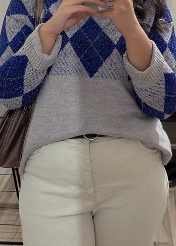 Gri Mavi Baklava Desenli Triko Kadın Kazak - Görsel 6