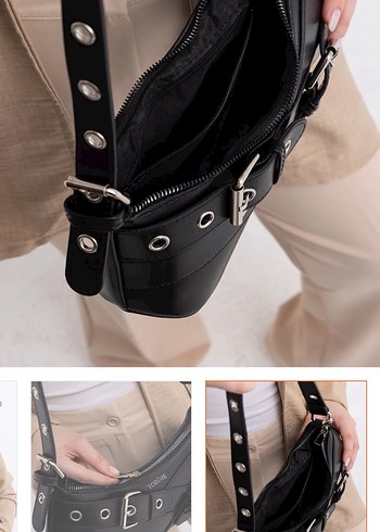 Tokalı Siyah Deri Kadın Çanta - Görsel 4