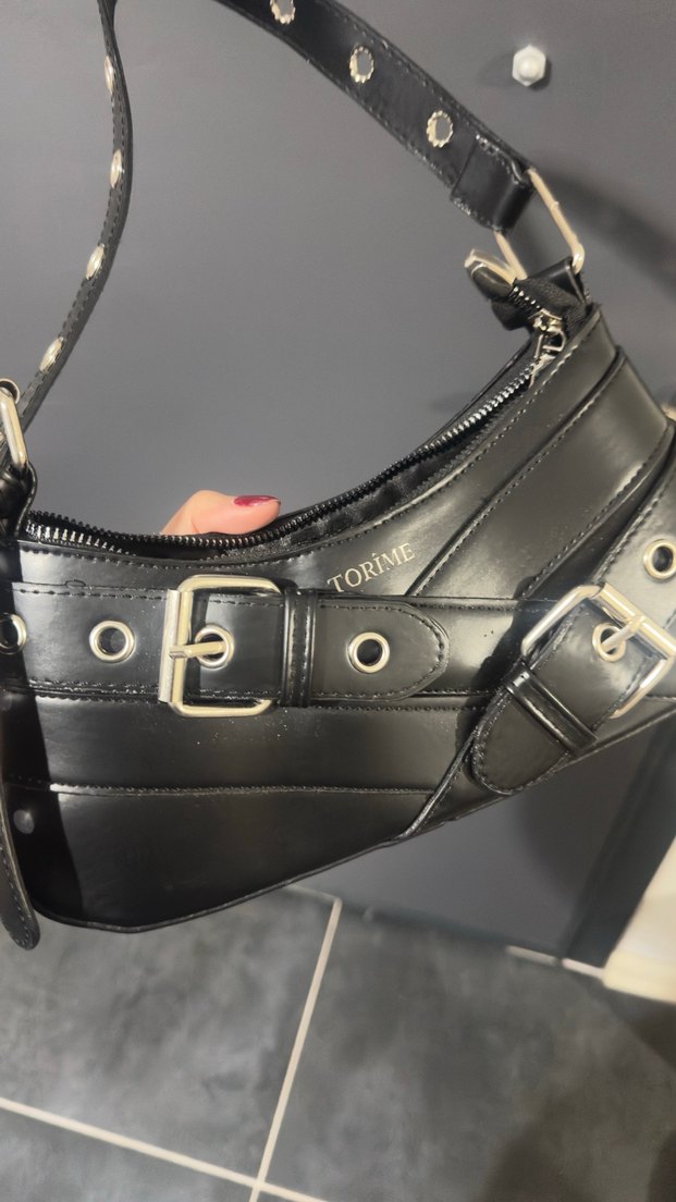 Tokalı Siyah Deri Kadın Çanta - Görsel 5