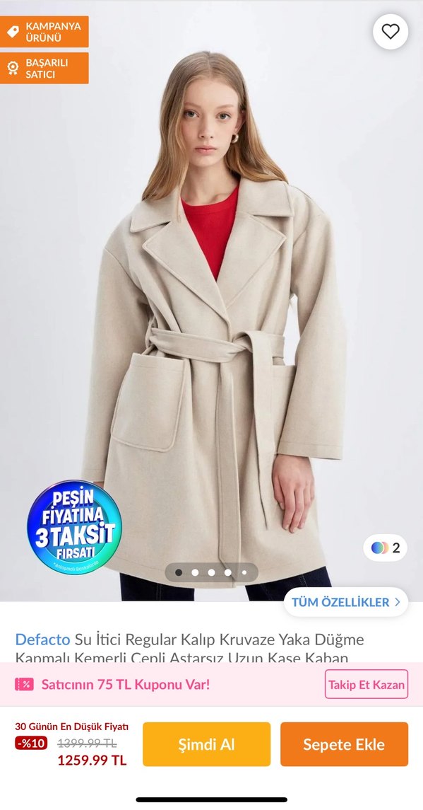 Krem renk kaşe kaban - Görsel 3