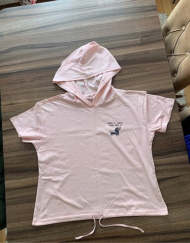 xl Beden pembe Renk Koton Pembe Kapüşonlu Köpek Baskılı Tişört