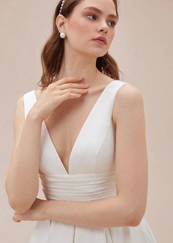 V Yaka A Kesim Modern Beyaz Gelinlik - Görsel 3