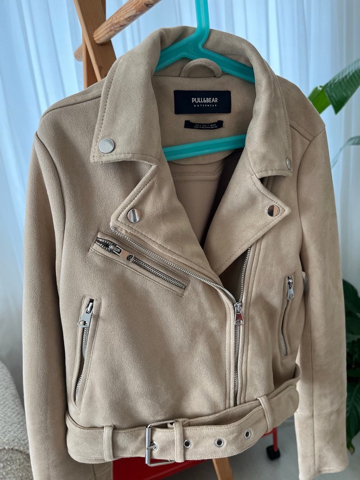 Bej Süet Fermuarlı Kısa Kadın Deri Ceket - Görsel 2
