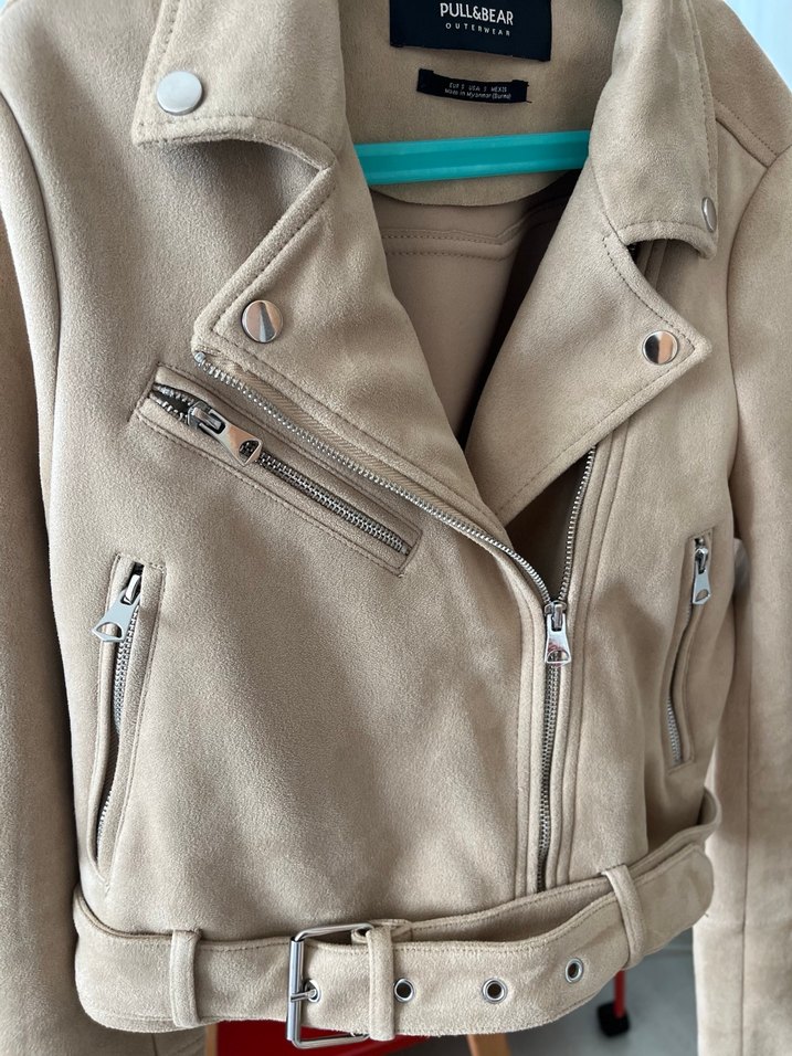 Bej Süet Fermuarlı Kısa Kadın Deri Ceket - Görsel 4