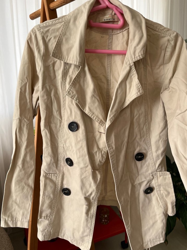 Bej Düğmeli Midi Keten Trençkot - Görsel 3