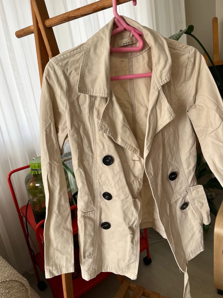 Bej Düğmeli Midi Keten Trençkot - Görsel 2