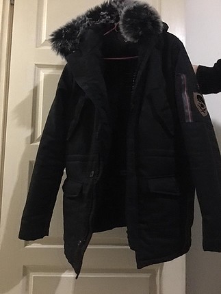 uzun siyah slimfit L erkek mont
