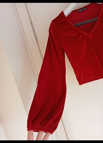 Diğer kırmızı kadife bluz süet kırmızı v yaka bluz