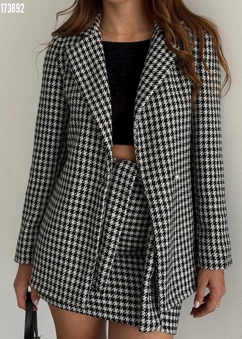 m Beden Kısa Kesim Kareli Deri Blazer Ceket, İkili Takım