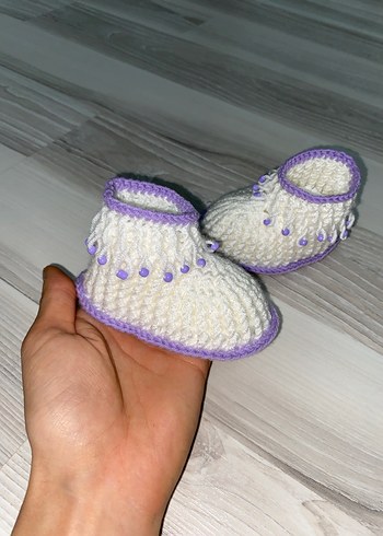 Mor Detaylı Örgü Kız Bebek Patik - Görsel 3