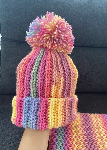 Kız Çocuk Renkli Batik Örgü Bere ve Atkı Seti - Görsel 8