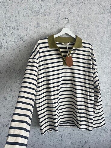 Çizgili polo yaka uzun oversize bluz