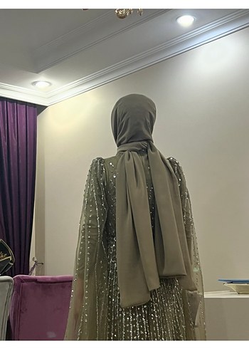 Uzun Kol V Yaka İşlemeli yeşil Abiye Elbise - Görsel 2