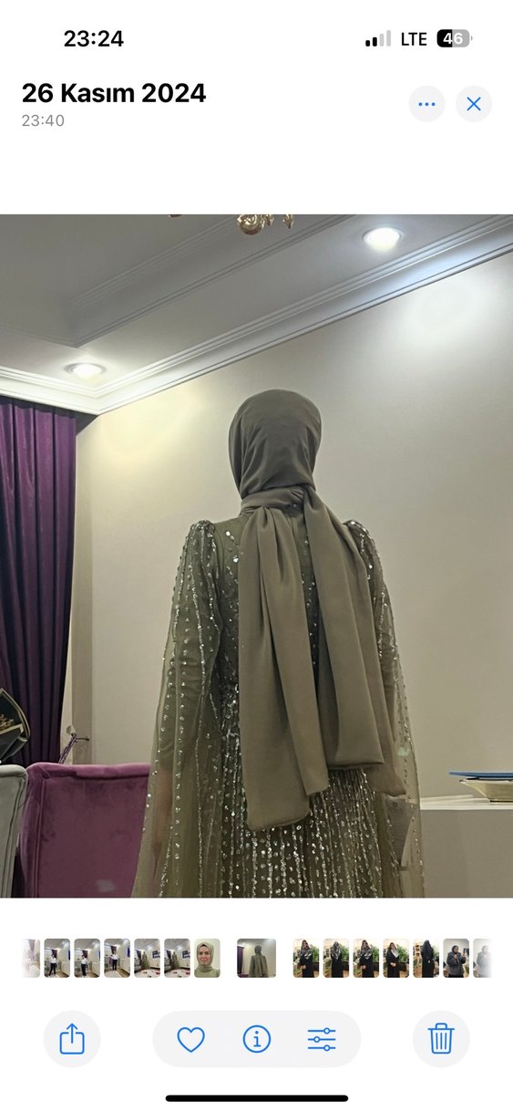 Uzun Kol V Yaka İşlemeli yeşil Abiye Elbise - Görsel 2