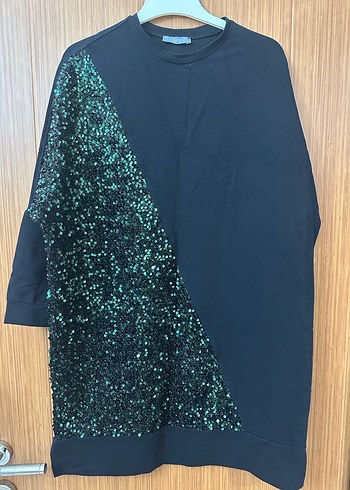 Drapeli Siyah pullu Desenli Uzun Tunikve pantolon - Görsel 2