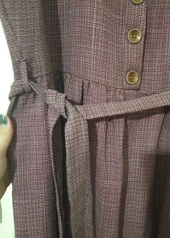 Kemerli Mor Kadın Keten Uzun Elbise - Görsel 3