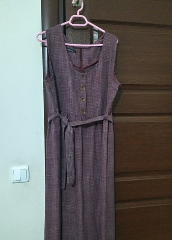 Kemerli Mor Kadın Keten Uzun Elbise - Görsel 2