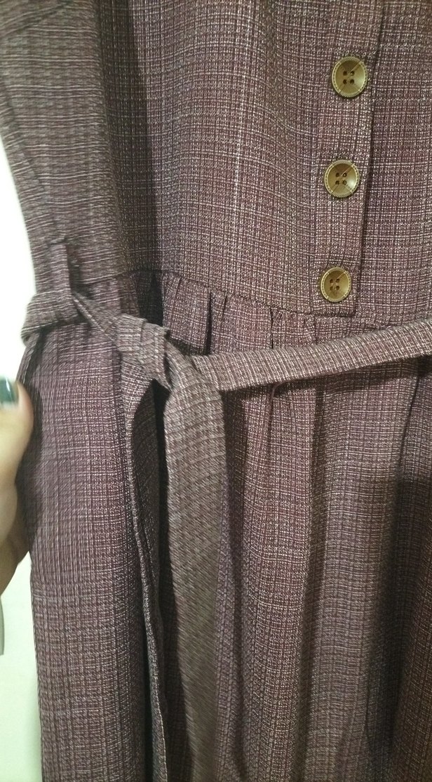 Kemerli Mor Kadın Keten Uzun Elbise - Görsel 3