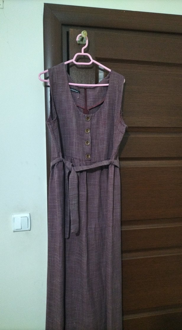 Kemerli Mor Kadın Keten Uzun Elbise - Görsel 2