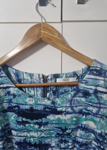 38 Beden M&S Mavi Desenli Piliseli Midi Elbise