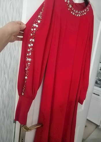Abiye Uzun Kollu Kırmızı kumaş kolları şifon8 Kadın Elbise