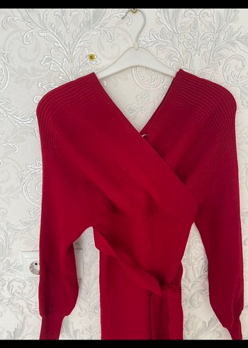 Bordo Uzun Kollu V Yakalı Triko Elbise - Görsel 2