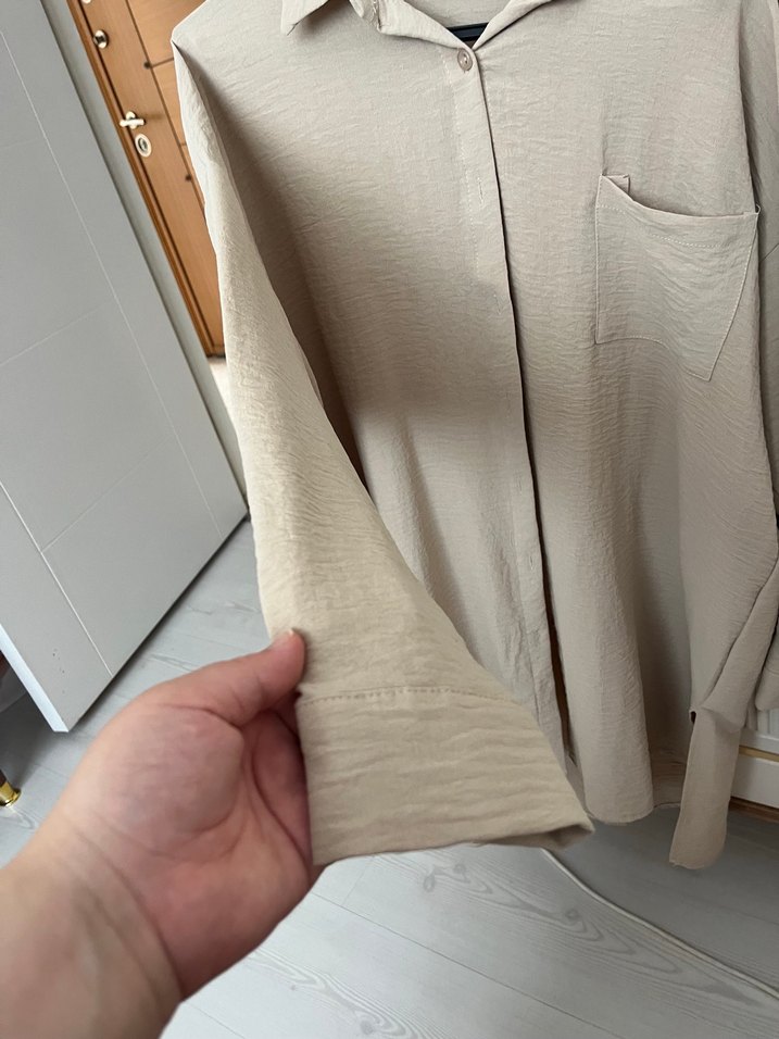 Düğmeli Bej  Kadın Gömlek - Görsel 3