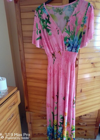 Pembe Bohem Uzun Elbise V Yaka