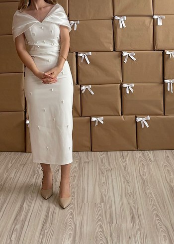 Beyaz Drapeli Uzun V Yaka Abiye Elbise - Görsel 4