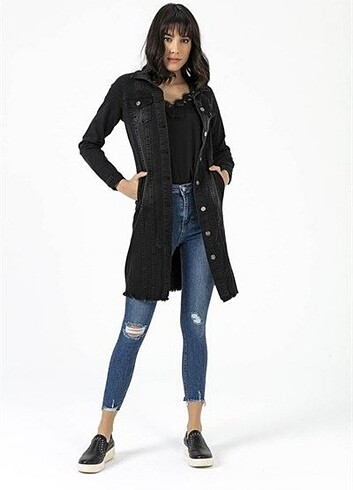 Düğmeli uzun kot ceket siyah  - Görsel 2