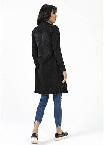 Düğmeli uzun kot ceket siyah  - Görsel 4