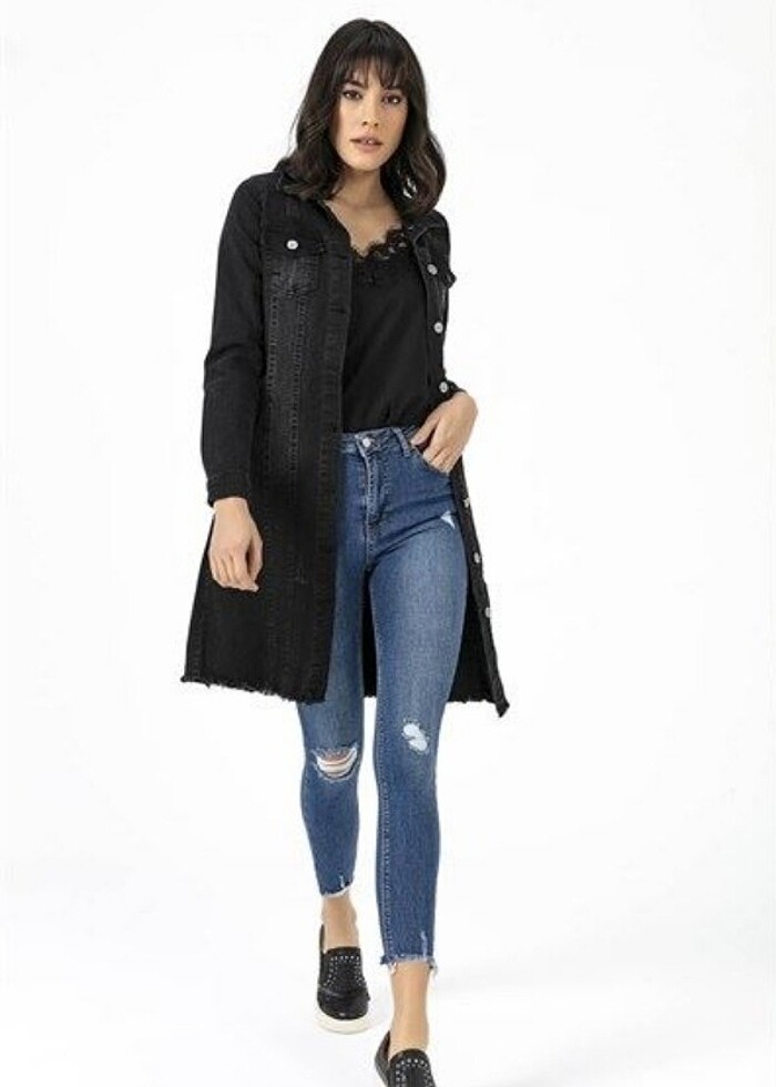 Düğmeli uzun kot ceket siyah  - Görsel 3