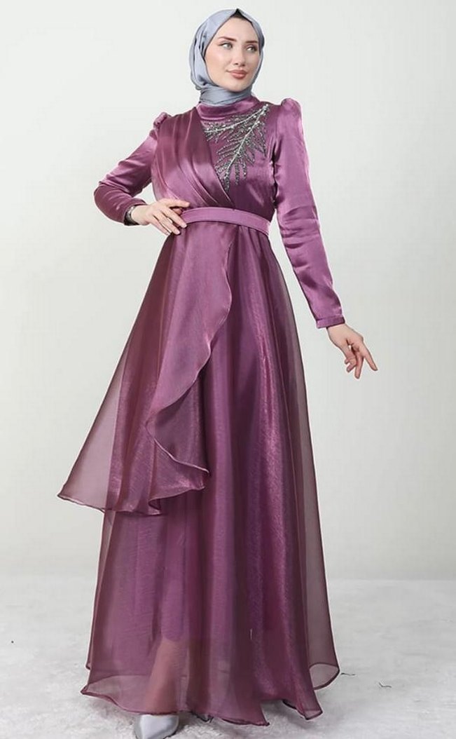 Uzun Mor Drapeli Kadın Abiye Elbise - Görsel 2