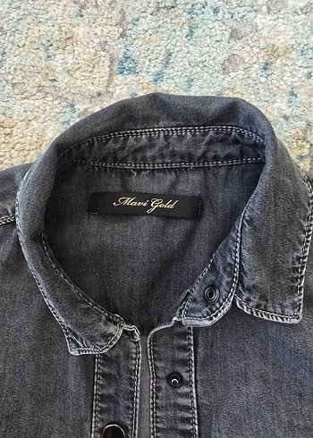s Beden Gri Düğmeli Denim Kadın Gömlek