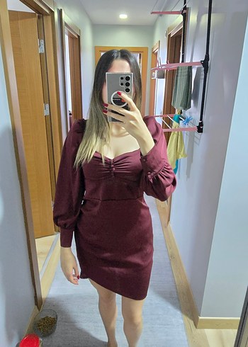 Trendyol & Milla Bordo V Yaka Saten Midi Elbise