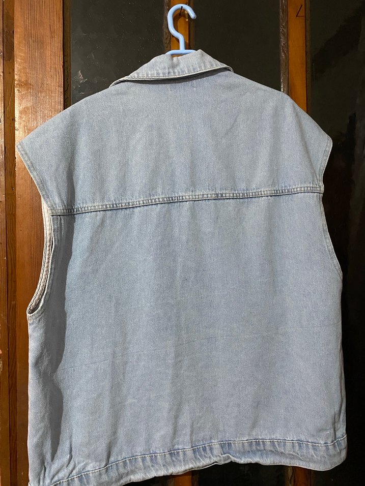 Düğmeli Kolsuz Bej Denim Ceket - Görsel 4