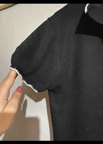 Düğmeli Siyah Pamuklu Polo Yaka Kadın Tişört - Görsel 2