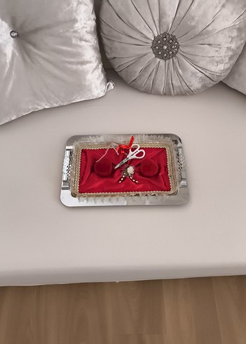 Boncuk İşlemeli Kırmızı Vintage Düğün Tepsisi - Görsel 6