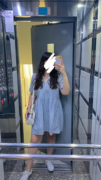 l Beden mavi Renk Çizgili Polo Yaka Elbise
