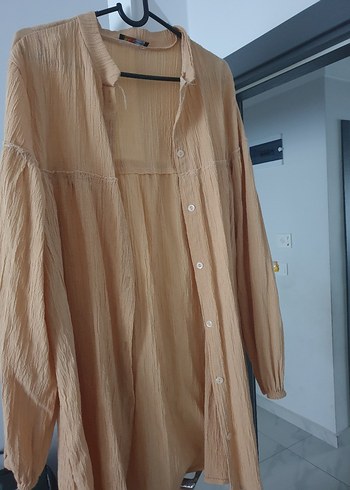 Bej Düğmeli Hamile Bluzu, Uzun Kollu, Midi Boy