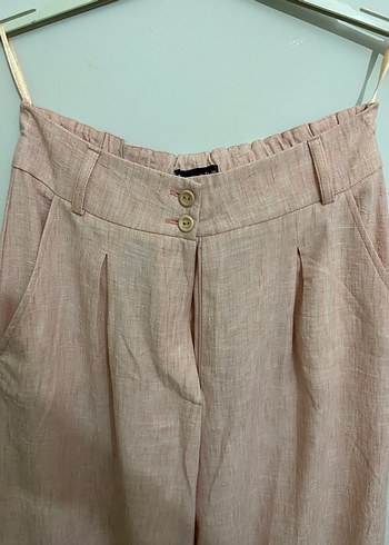 Pembe Keten Midi Pilili Kadın Pantolon - Görsel 2